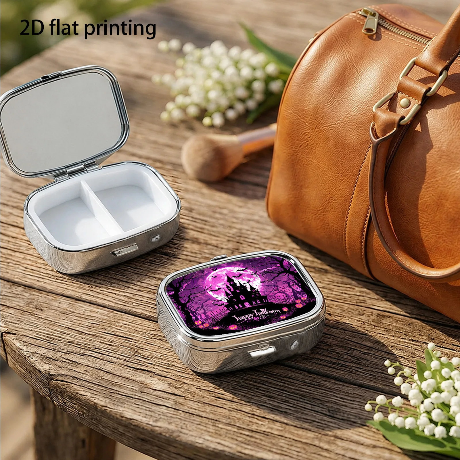 Pink and Purple Full Moon, Dark Castle, Dead Trees, Pumpkins, Bats, Halloween Dark Cartoon Illustration Pattern, Square Two-Compartment Small Pill Box, Portable Medicine Storage, Small Jewelry Storage, Suitable for Handbags or Travel, Holiday Gifts, Souvenirs, Prizes, Small Gifts, Suitable for Personal Use or as an Exquisite Gift