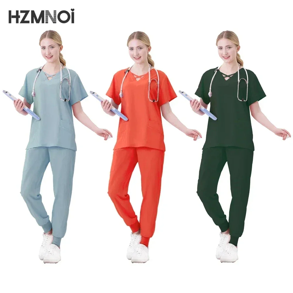 Nuevo conjunto de uniformes médicos, Tops elásticos con pantalones de bolsillo, uniforme de enfermera, monos de cirugía para médico, ropa de trabajo para salón de belleza