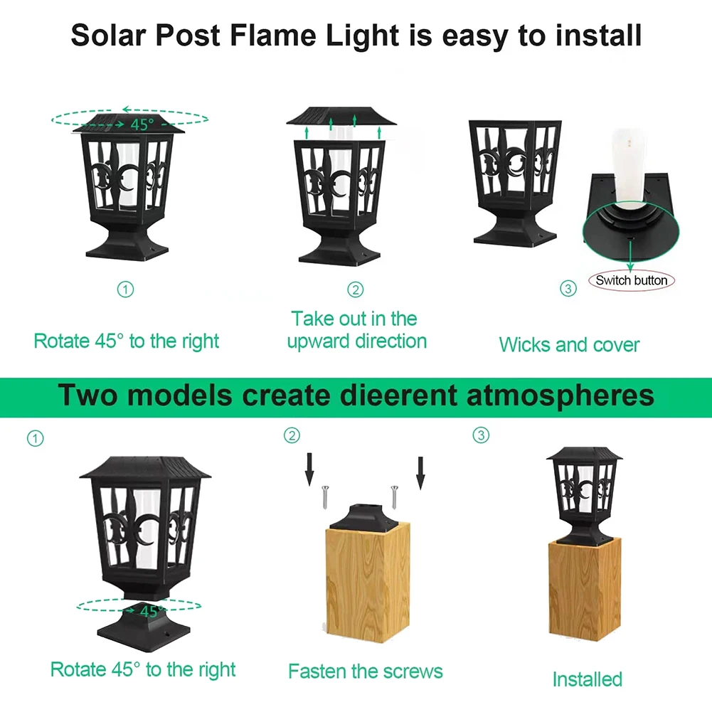 2 упаковки, фонарь на солнечной батарее, Мерцающая лампа-столб с язычком пламени, лампа для наружного палубного забора, 4x5x6x6, столб для сада, внутреннего двора