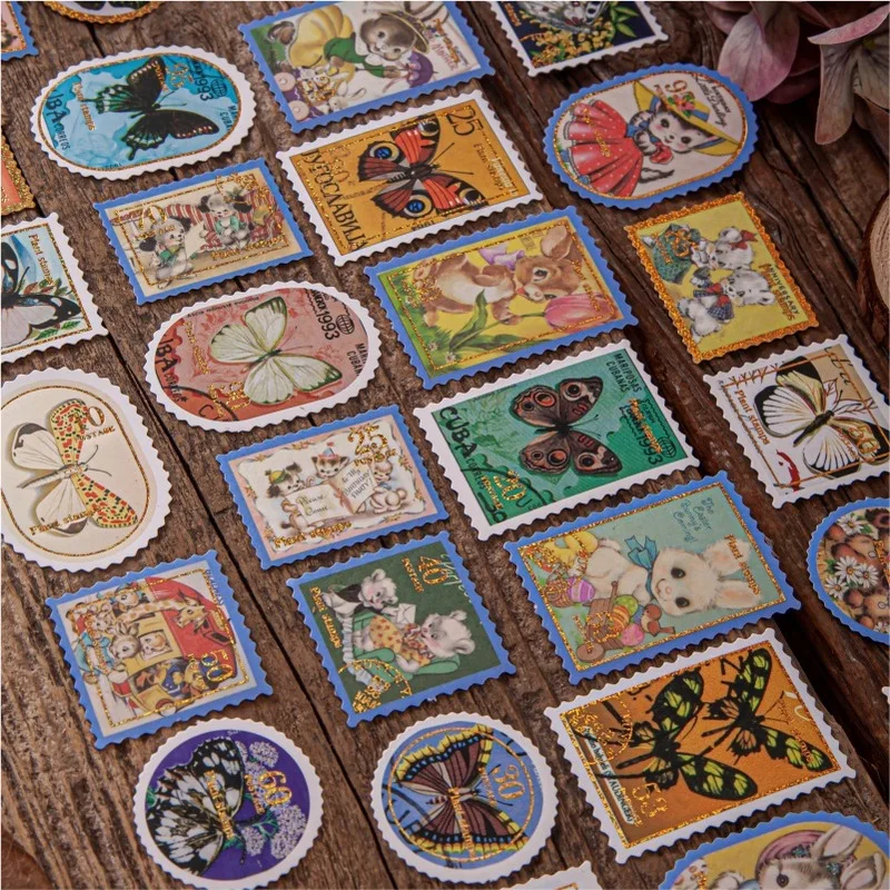 30Pcs No‑Repeat Vintage Stamp‑Style Gold Foil Forest Plant Themed Stickers,Vintage Scrapbook Accessories,Decor Stickers