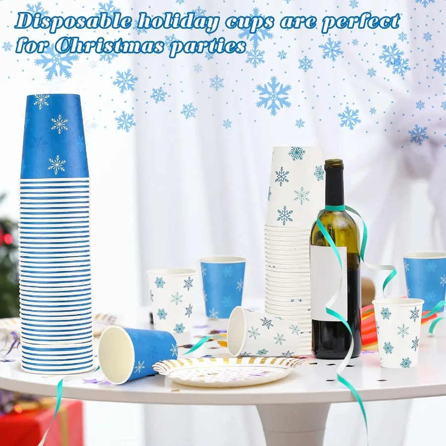 100 Pieces Christmas Paper Cups Xmas Disposable Coffee Snowflake Santa Snowman Elk Lights Cups 9 Ounce Drinking Tea Paper for D