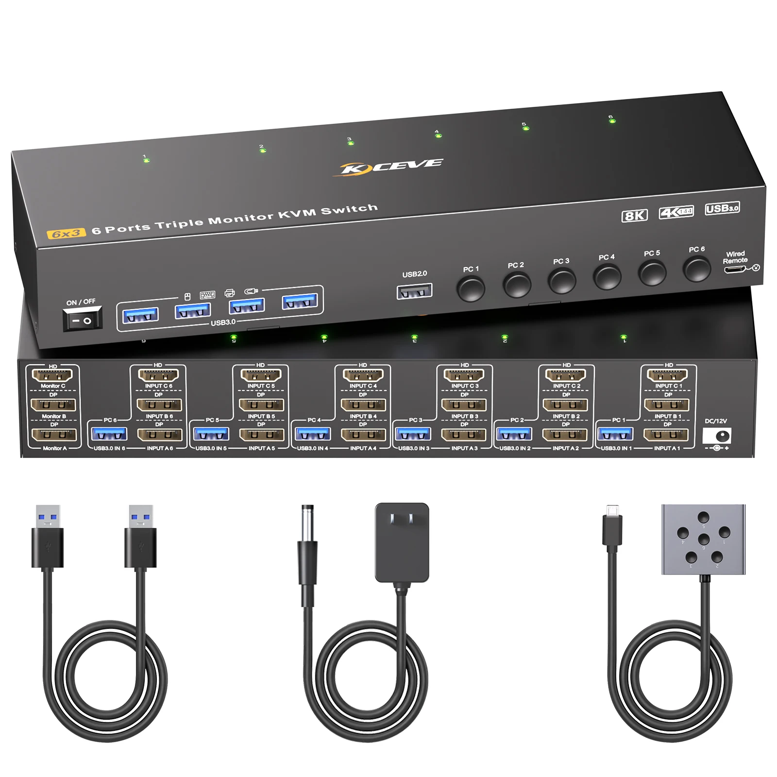HDMI+2 Displayport KVM Switch 3 Monitors 6/4/2 Computers 8K@60Hz 4K@144Hz Triple Monitor KVM with 4 USB Ports for Keyboard Mouse