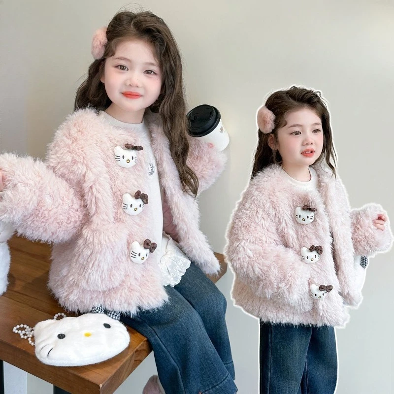 

Winter Kawaii Hello Kitty Sanrio Children Cute Cartoon Comfortable Warm Jacket Student Plush Coat Furry Clothes Gift for Kids