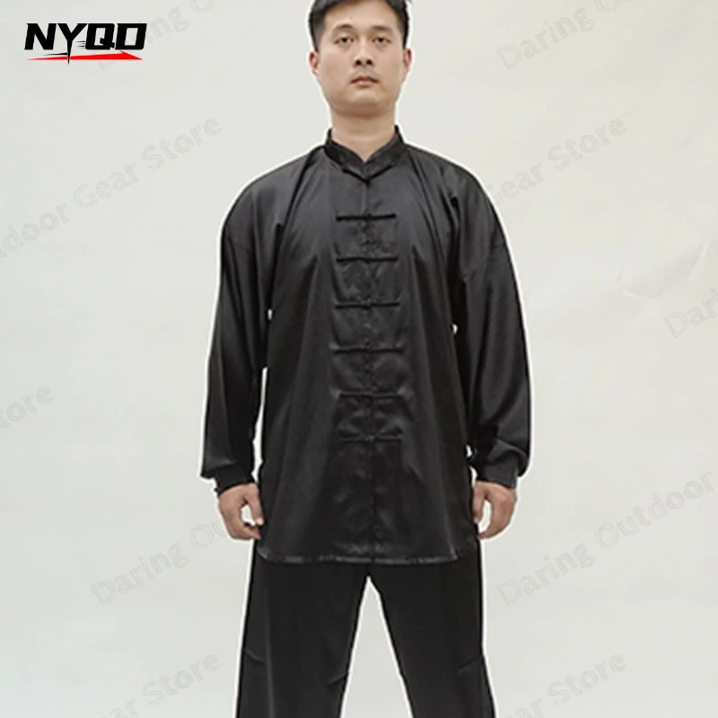 Unisex Summer Imitation Silk Tai Chi Wushu Uniform Long Sleeve Set for Boxing Group Stage Performance Martial Arts Practice