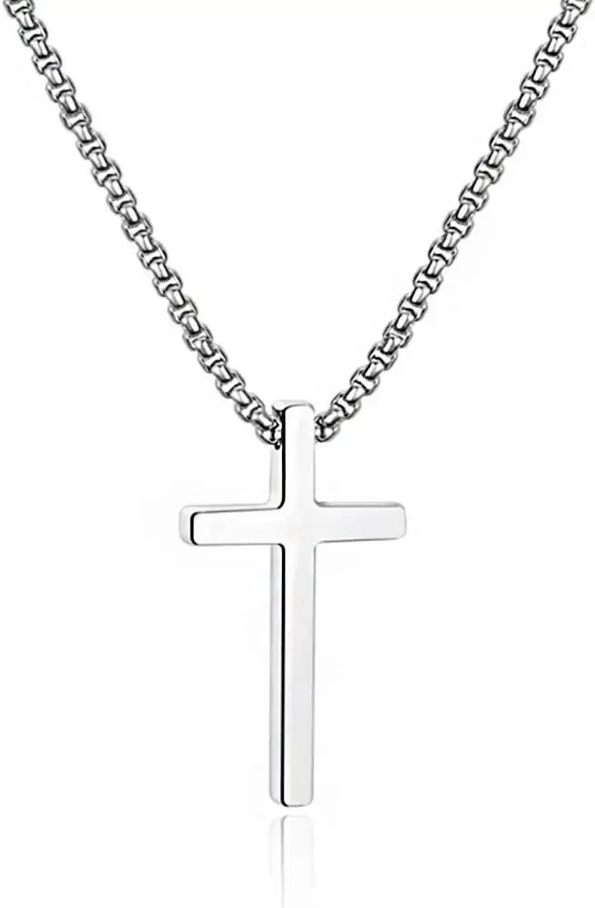 Collar con Cruz para Hombres y Adolescentes, Collar con Colgante de Cruz Simple de Acero Inoxidable en Plata, Negro y Dorado, Cadena de Caja de 16-30 Pulgadas