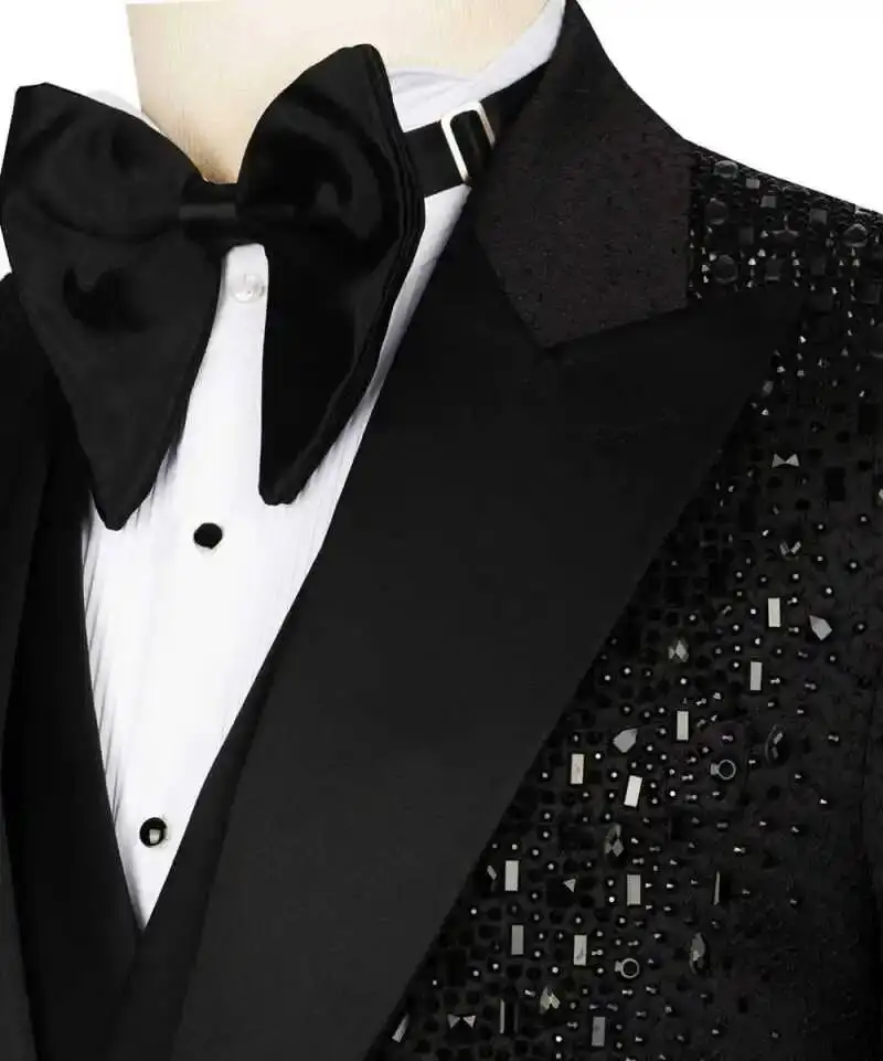 Luxury Suit 2 Pieces Set For Man Beading Tuxedos Lapel One Button Customized Blazer Casual Business Sequined Wedding Groom