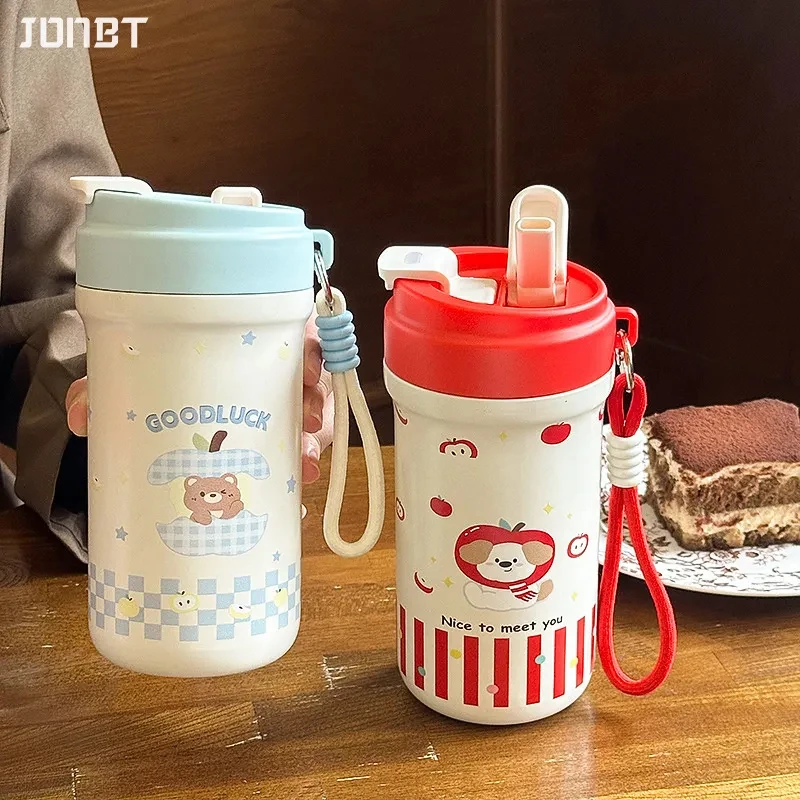 

Cute Double Drink Thermos Water Bottle For Girls Straw Tumbler Cup 316 Stainless Steel Hot and Cold Coffee Thermal Mug 500/600ML