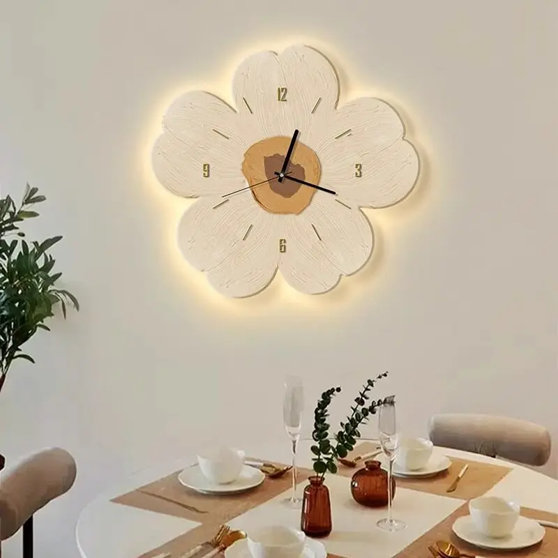 

Flower clock, wall clock, restaurant decoration painting, cream style creative clock, LED luminous wall lamp, high-end wall mura