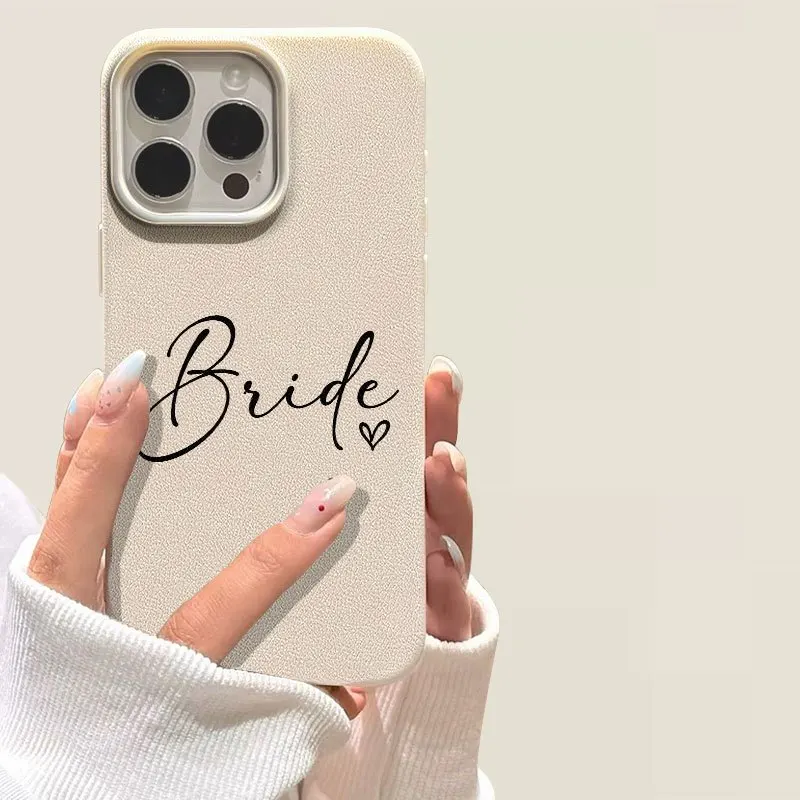 Bride Script Heart Cream Faux Leather Phone Case for iPhone17promax /16/15/14/13/12ProMax/11/11Pro Anti-drop protection