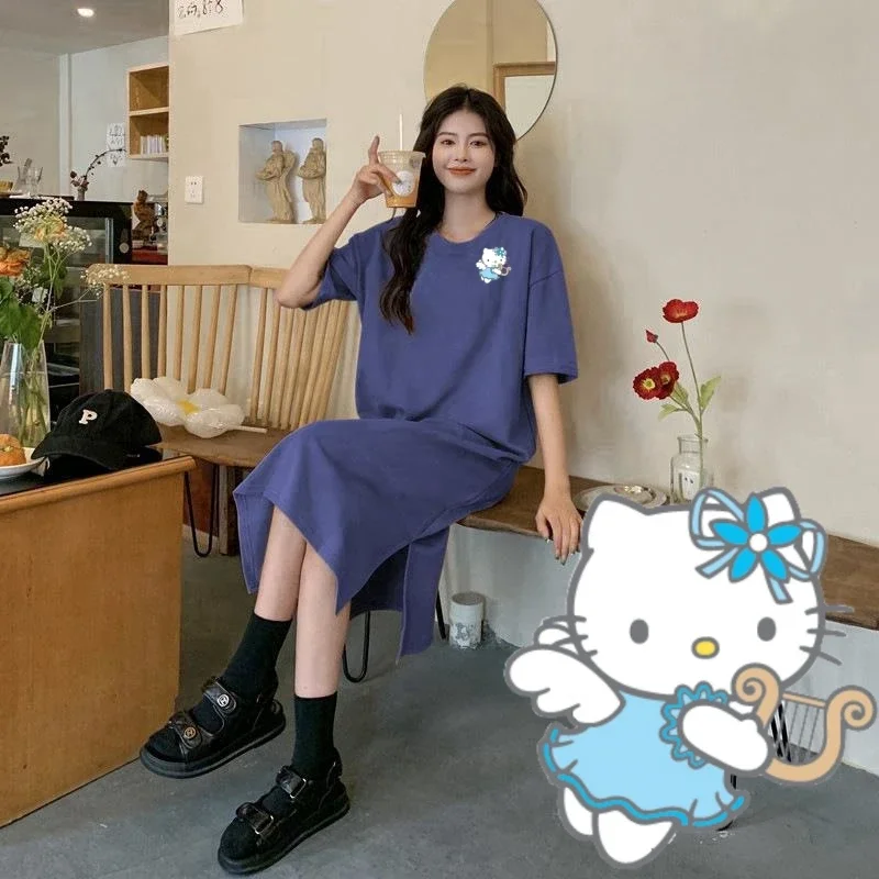 Miniso Hellokitty T-shirt Dress Sanrio Blue Kitcat Printing Girlwomen Super Lone Style Deep Blue Colour Short Sleeved Soft Skirt