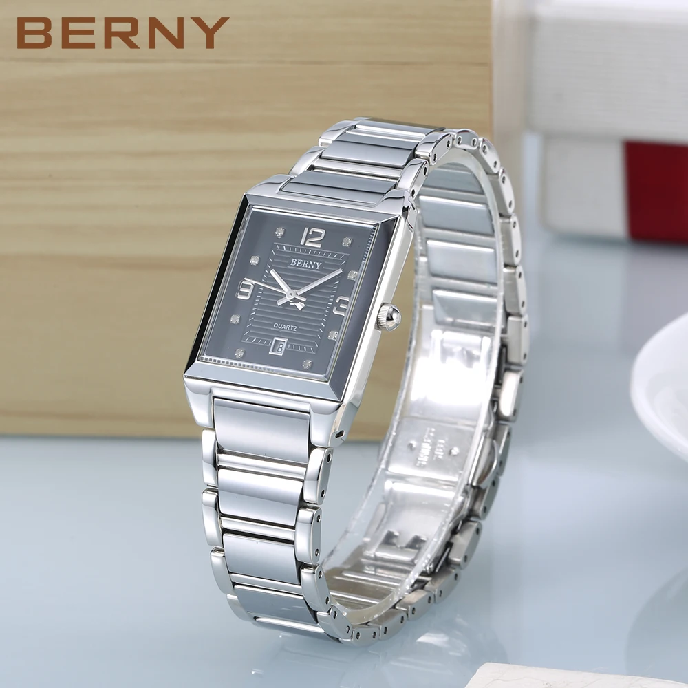 BERNY Tank Watches for Men Calendar Square Stainless Steel Quartz Wristwatch Sapphire Waterproof Dress Business Couple Watch