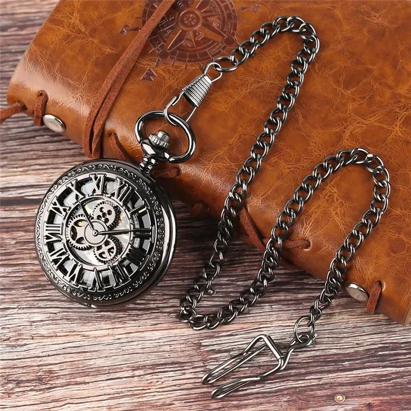 Antique Hollow Gear Cover Pocket Watch Unisex Skeleton Handwinding Mechanical Watches with Pendant Chain Roman Number Clock