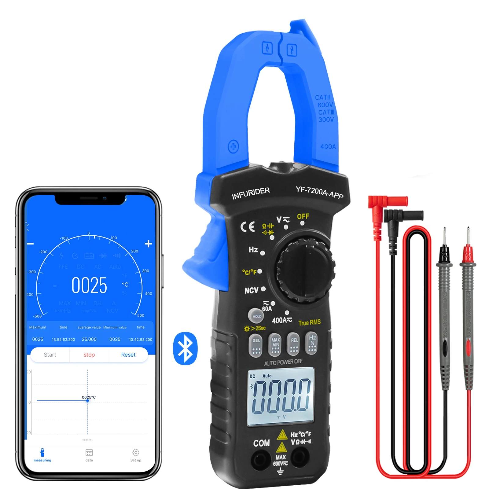 

HoldPeak RMS 6000 Counts Clamp Multimeter, Bluetooth Digital Clamp-on Ammeter for AC/DC Current Voltage Resistance Capacitor