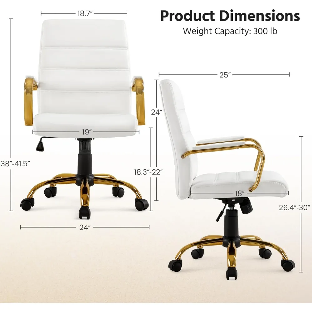 Kursi Kantor Punggung Tengah - Kursi Meja Kulit PU yang Dapat Disesuaikan dengan Penopang Lumbar, Kaki Emas & Kursi Putih