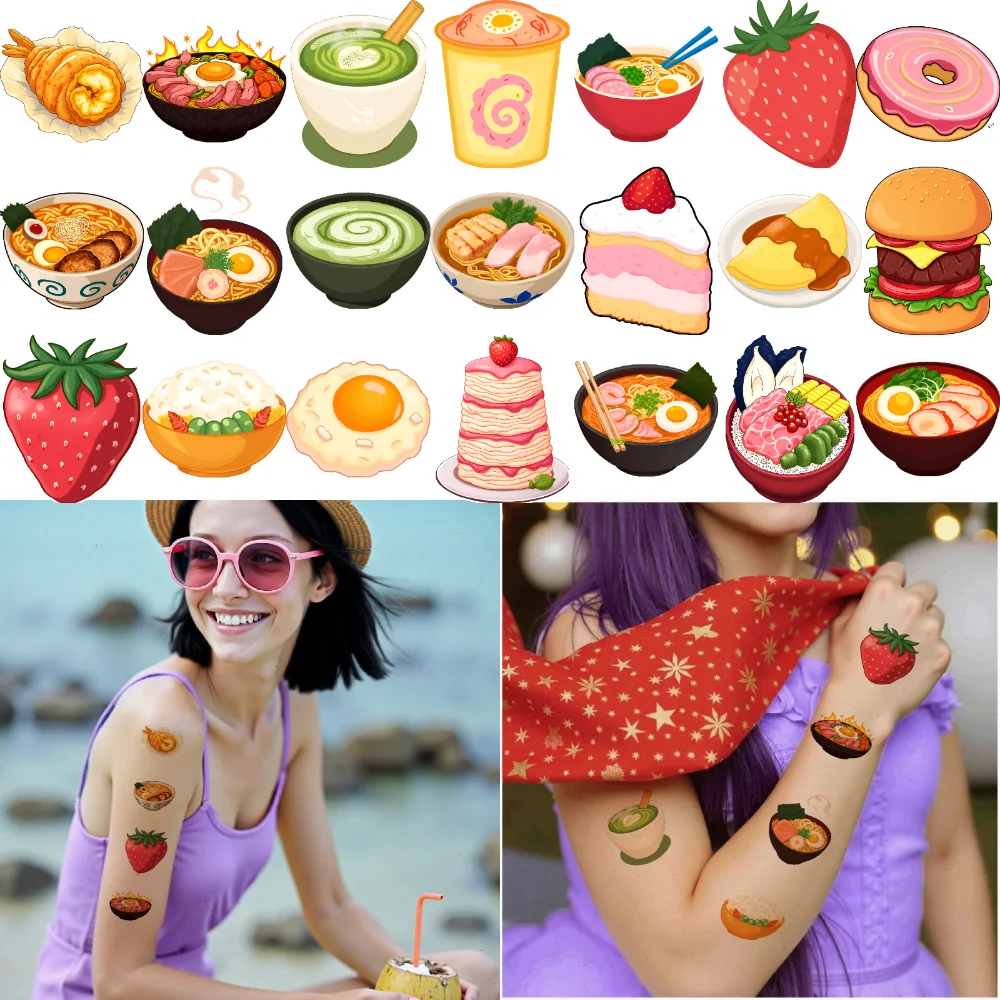 

54pcs Temporary Tattoo Food Illustrations Temporary Tattoo Stickers Cartoon Food Icons Waterproof Long-lasting Body Stickers For