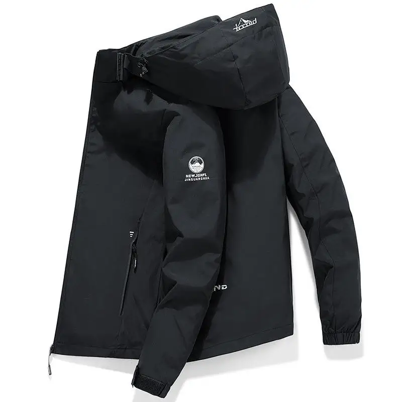 

New 2025 Men's Casual Windproof Jacket Detachable Cap Sporty Style Regular Thickness Print Pattern Zipper Pocket Outdoor Wear