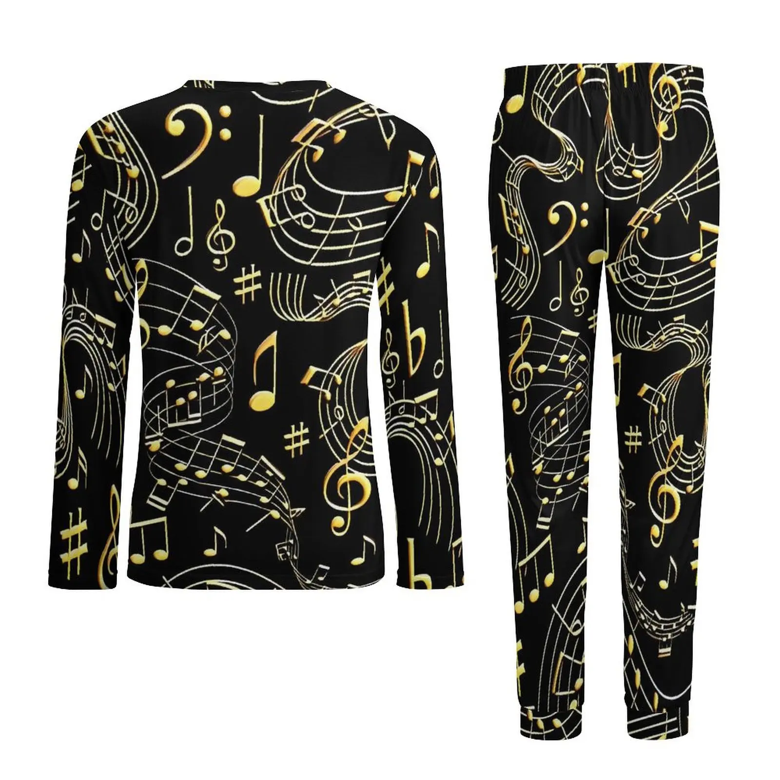 Gold Music Note Print Pajamas Long-Sleeve  Two Piece Casual Pajamas Set Autumn Male Custom Retro Oversized Sleepwear