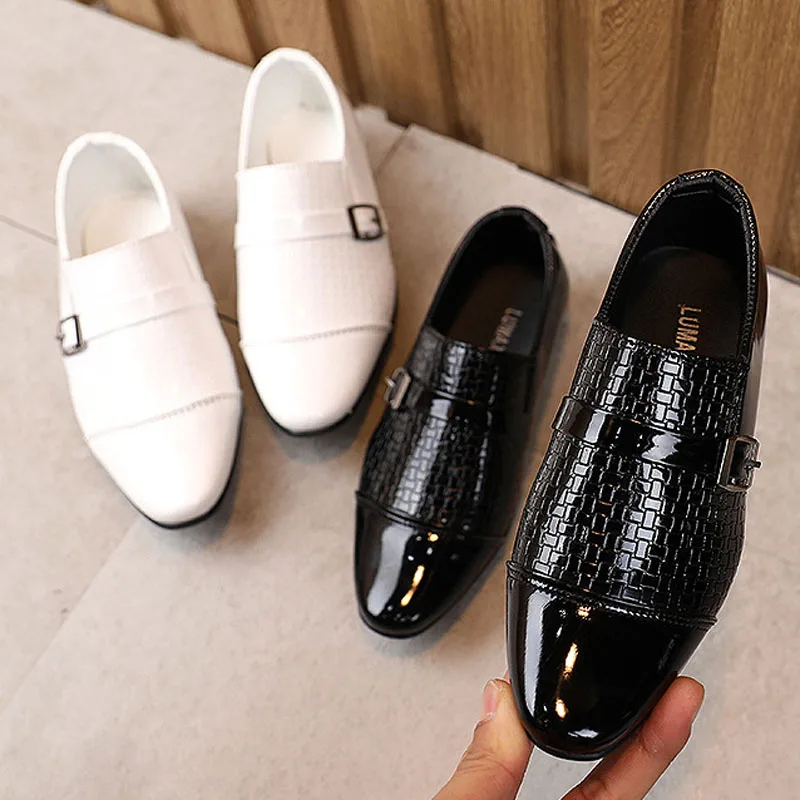 Spring Autumn Boys Leather Shoes For Performance Black White Belt Buckle Children Party Wedding Shoes for Boy Kids CSH1323