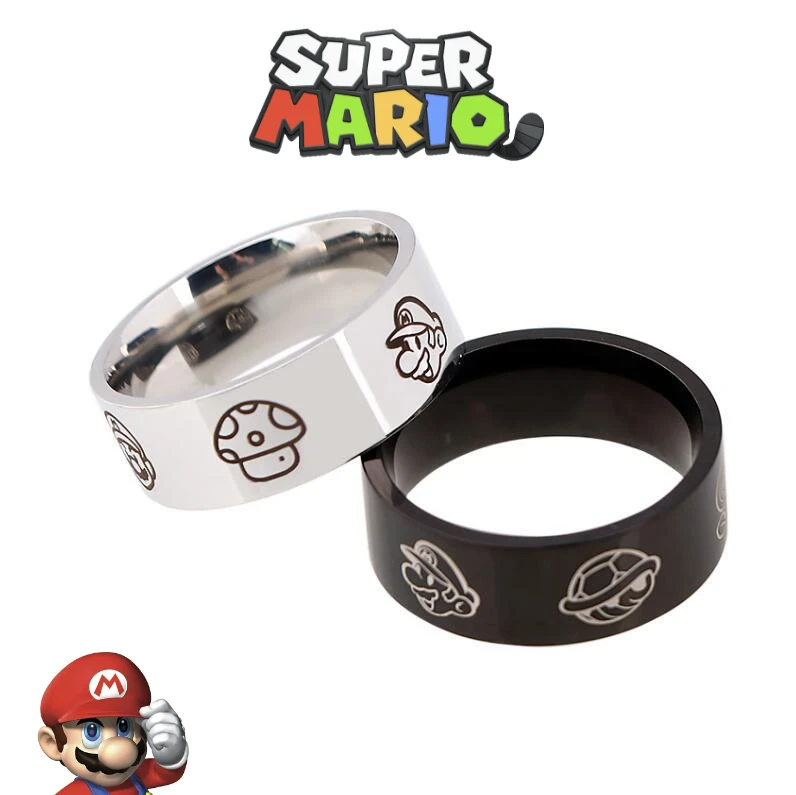 Super Mario Bros Rings Couples Jewelry Anime Accessories Cosplay Silver Black Ring Souvenirs Party Decorations Kids Toys Gifts