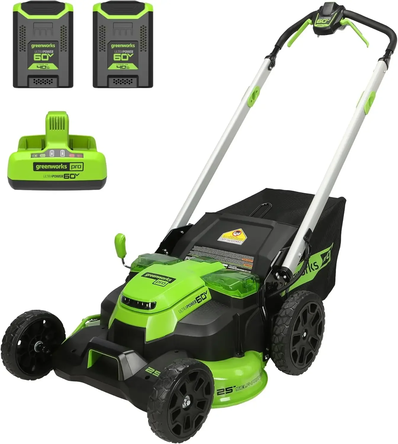 Greenworks 60V 25” Cordless (Self-Propelled) Lawn Mower (LED Lights + Aluminum Handles), 2 x 4.0Ah Batteries and Dual Port Rapid