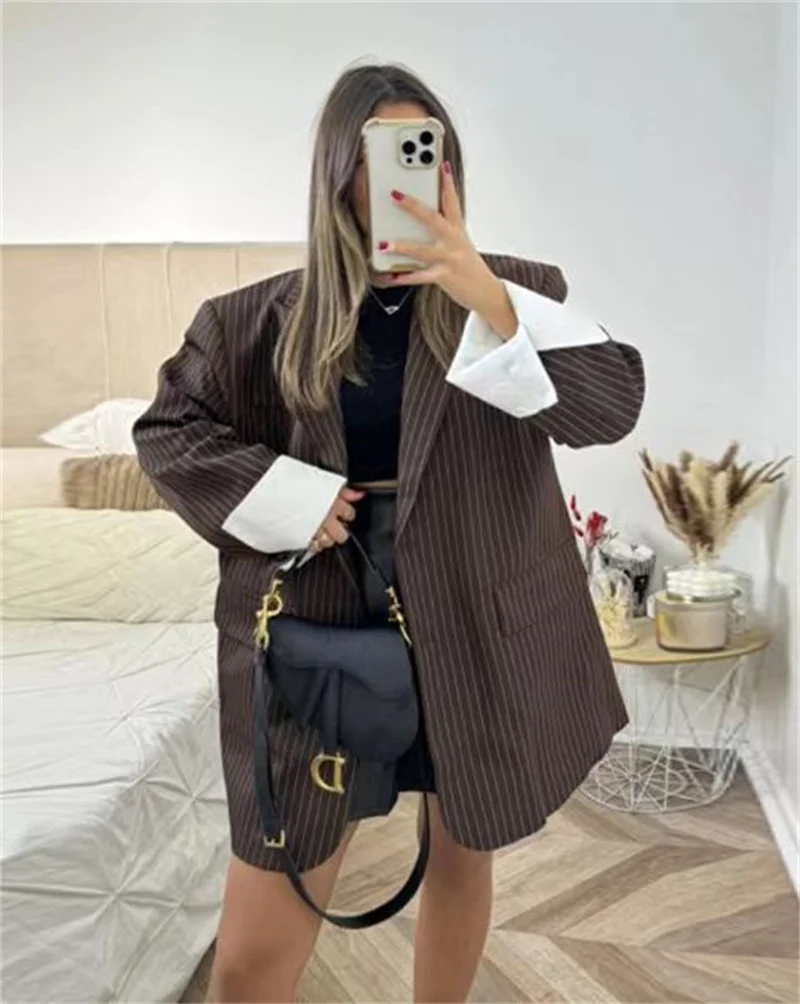 Abito da donna - Blazer versatile a due bottoni vestibilità ampia a righe marroni stile Blogger Abbigliamento da donna alla moda primaverile e autunnale