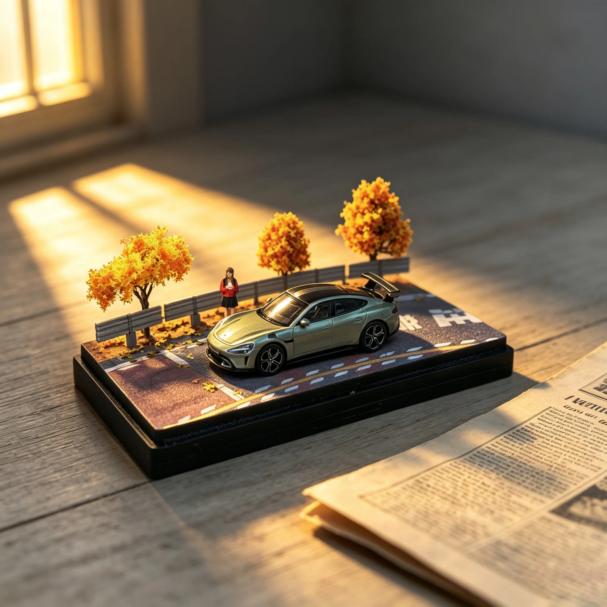 1 64 Scale Acrylic Display Scene Atmospheric Autumn Fallen Leaves Highway Handmade Model Ornament Random One Car Model