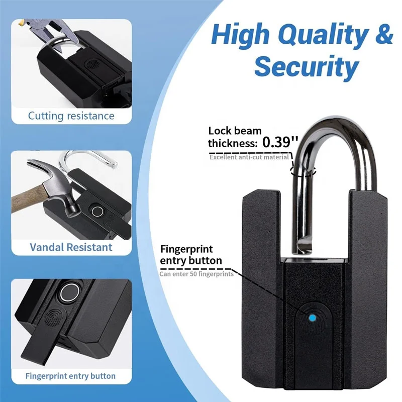 Factory price Fingerprint Padlock Long Shackle Smart Padlock with Mobile APP Outdoor Waterproof Lock for School Gym Locker