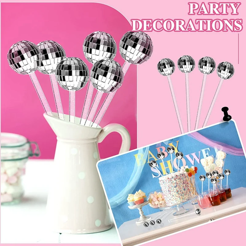 24 Pcs Disco Balls Cocktail Stirrers Plastic Round Top Swizzle Sticks Cake Mirror Ball Coffee Beverage Stirrers