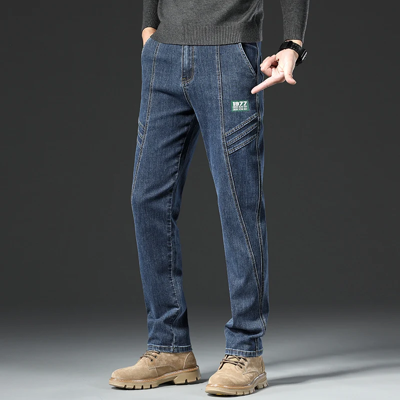 Autumn new style Printed Men's Slim Straight Jeans Versatile patchwork stretch men's denim trousers