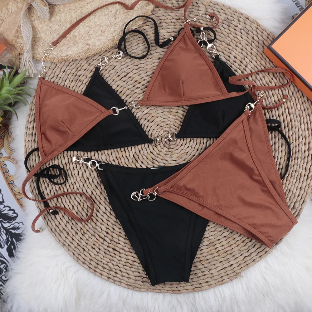 

Sexy Luxury Bikini Set Black Girls Swimsuit Metal Chain Bikinis Pads 2 Pieces Swimwear Women Push Up Bathing Suits Beachwear XL