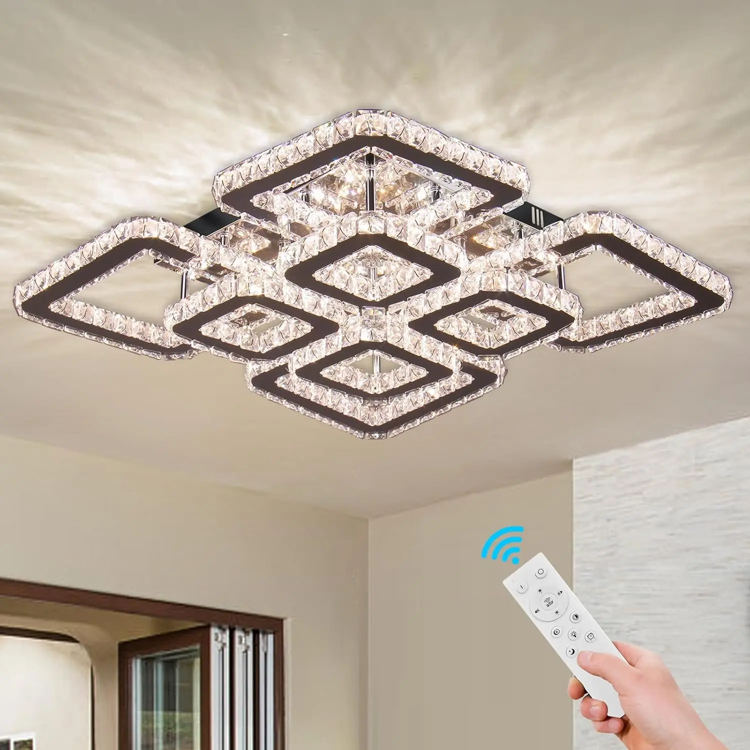 20 Inch Dimmable Crystal Chandelier Flush Mount Ceiling Light 8-Light Square LED with Remote 72W 6120LM Modern K9 Crystal Chandelier for Living Room Bedroom Dining Room