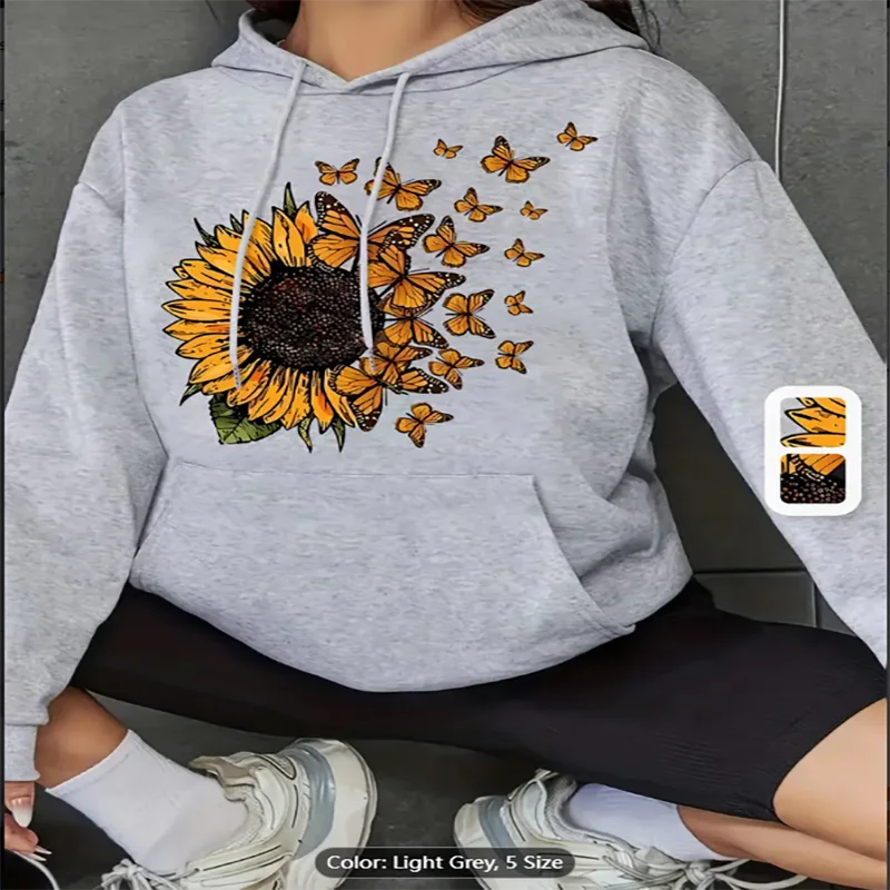 

Sunflower Butterfly Print Kangaroo Pocket Hoodie Casual Long Sleeve Drawstring Hooded Sweatshirt Womens Clothing Pure Cotton