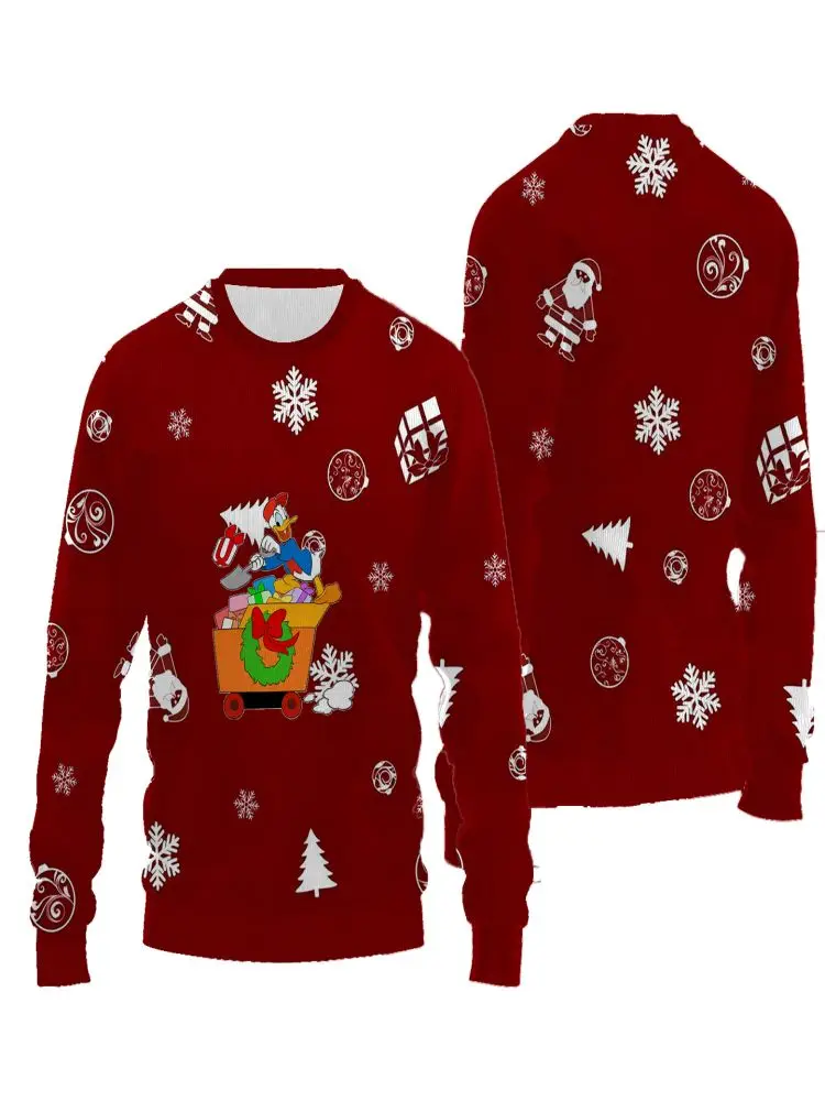 New Cute Disney Christmas Ugly Hug Christmas Pattern Printed Round Neck Hoodie Fun Long Sleeve Men's Hoodie Sweater Fashion Tren