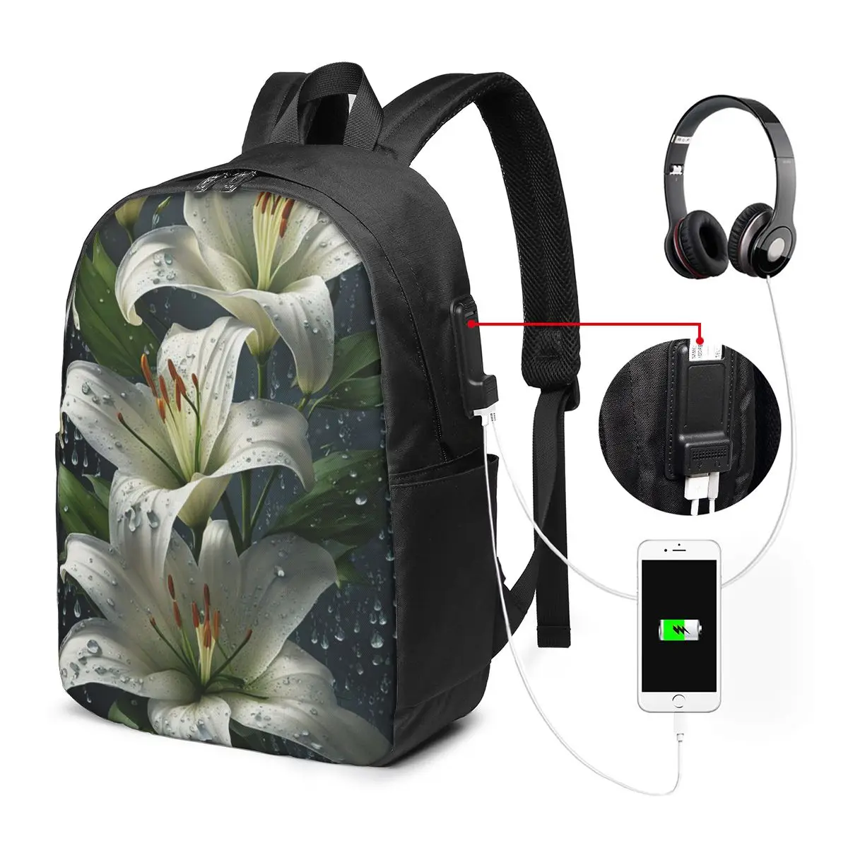 Lily Flowers Realistic Illustration Style Backpack Travel Notebook Bag Computer College Student School Bag Laptop Shoulder Bags