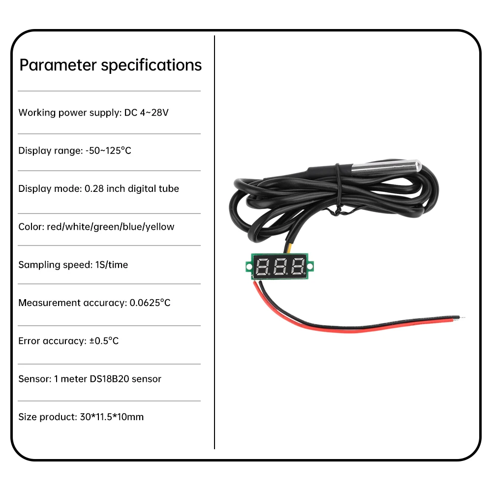 -50℃~125℃  Thermometer 0.28 Inches DC4~28V Temperature Test Detector High Precision Digital DS18B20 Waterproof Metal Probe