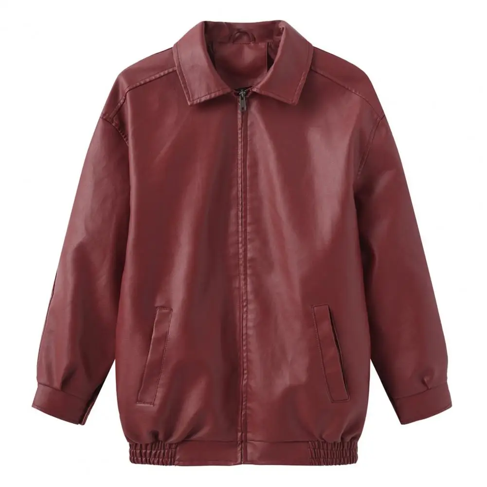 

Women Faux Leather Coat Dropped Shoulder Zipper Long Sleeve Jacket Boyfriend Leather Jacket Lapel Motorcycle Streetwear Coat