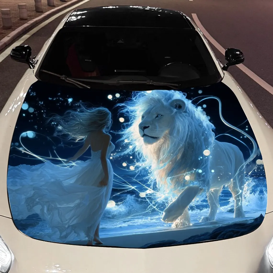 

Blue - Light Lion and Woman in White Car Vinyl Wrap, PVC Material Waterproof Car Hood Sticker, Self-Adhesive Scratch-Resistant S
