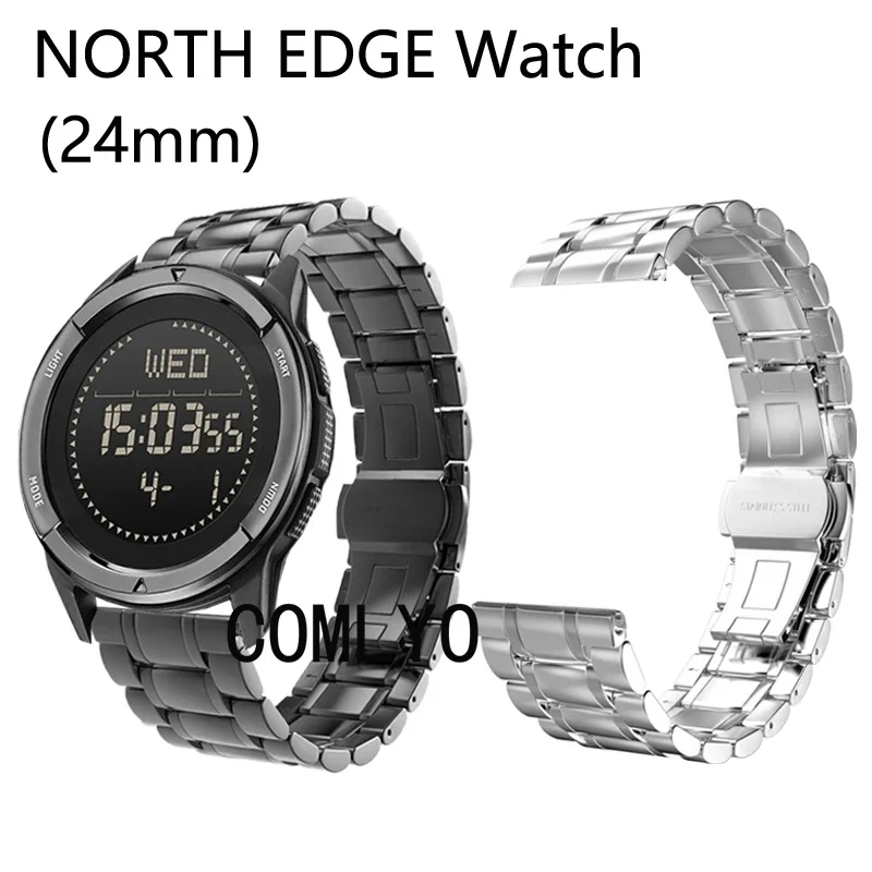 For NORTH EDGE ALPS APACHE 3 50MM Strap Stainless steel metal Men smartwatch Band 24MM