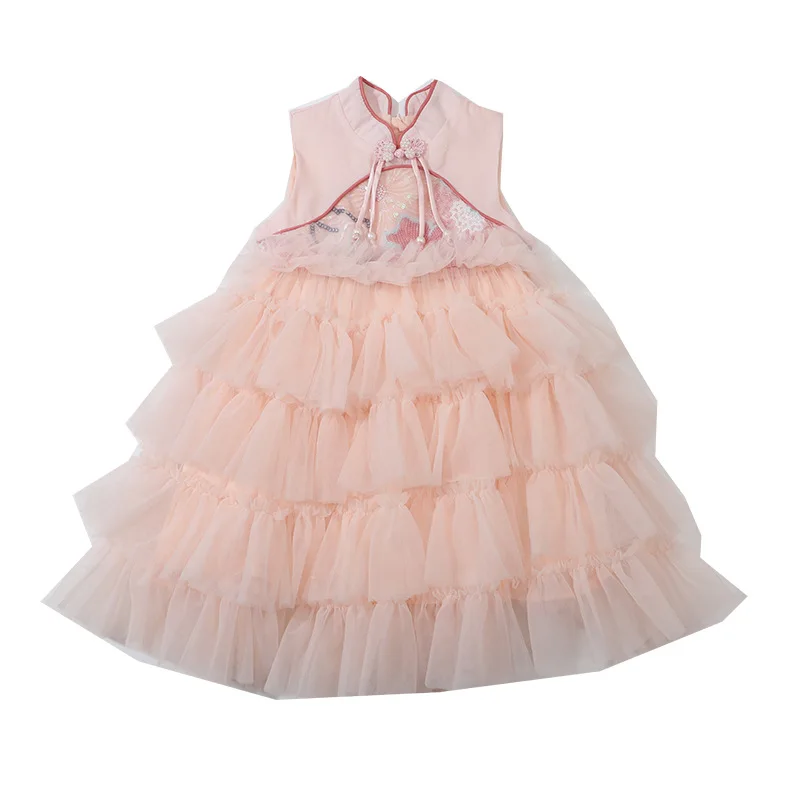 Chinese Style Sleeveless Cake Summer Little Girl's Sweet Princess Fluffy Gauze Dress, Vest Skirt