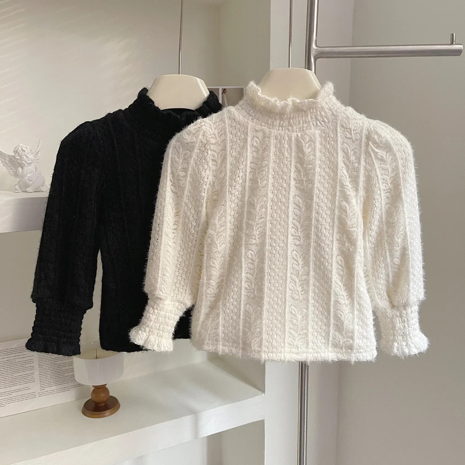 Blouses Turtleneck Long Sleeve 2024 Children Clothing Girls Lace Underlay Shirt Children Winter Wear Plush Thickened Top