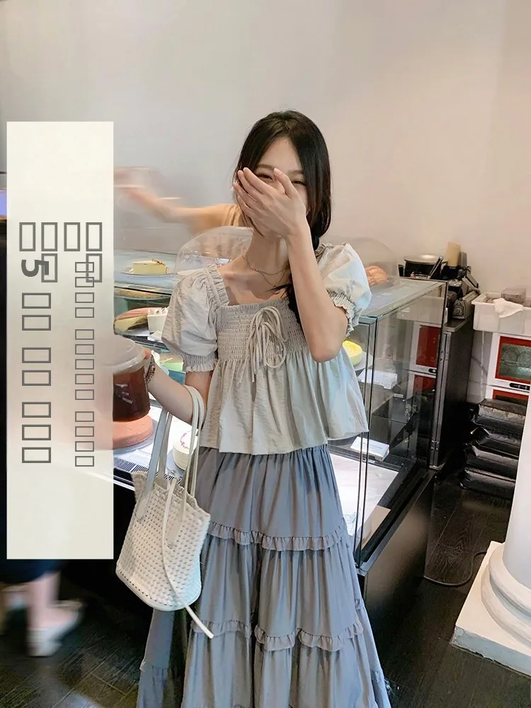 

ay Pleated Square Collar Knot ort Sve Women's Chiffon Top Summer New Sle Sweet Sle Straight Bubble Sve