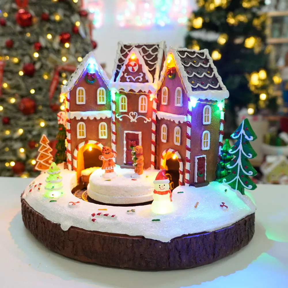 New European style Christmas gingerbread house, train through cave, resin ornament, LED music box, birthday gift