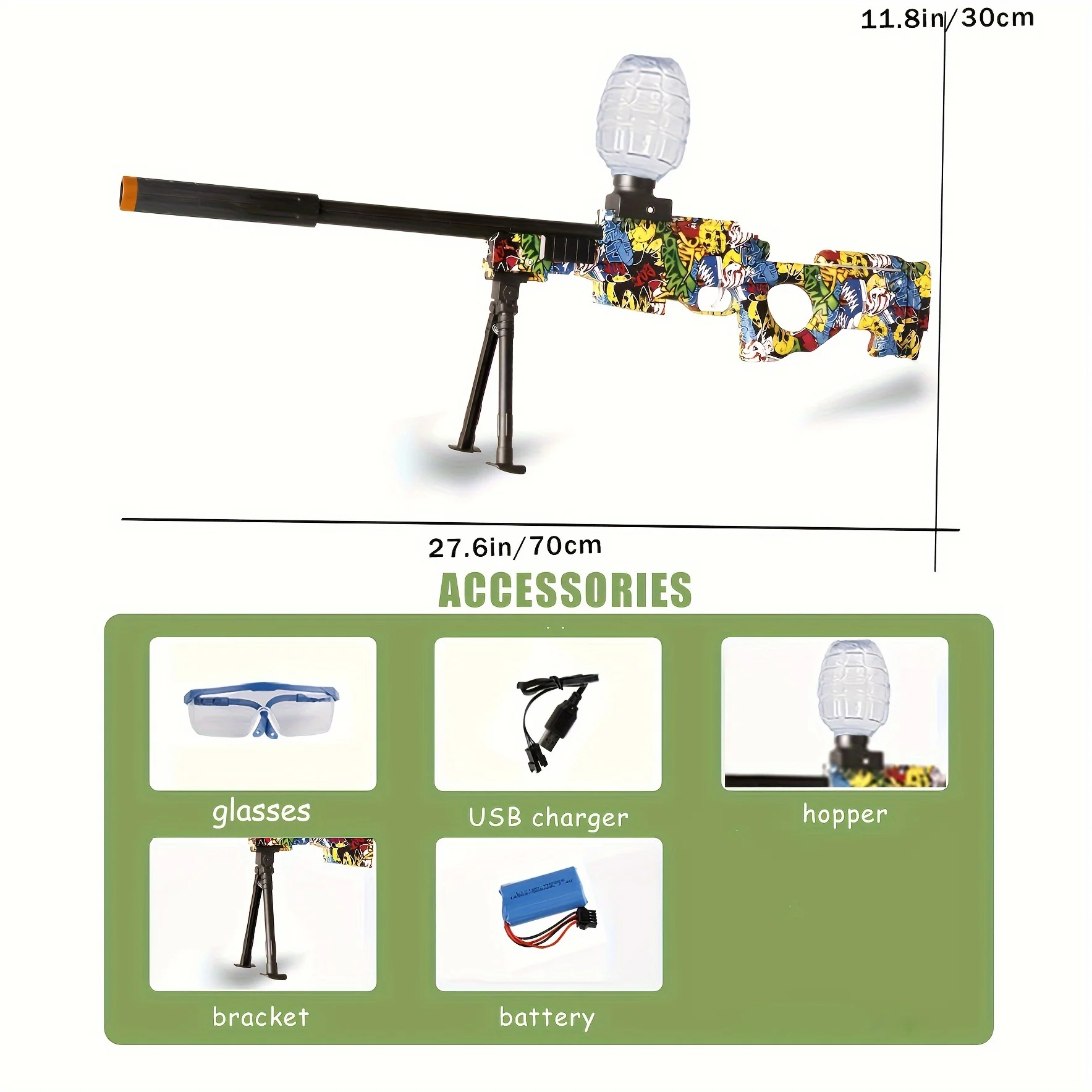 AWM Mini-Elektro-Blaster, 27,6 Zoll, automatischer Hochgeschwindigkeits-Spritzer mit Halterung, wiederaufladbares Splatter-Ballspielzeug für Summe