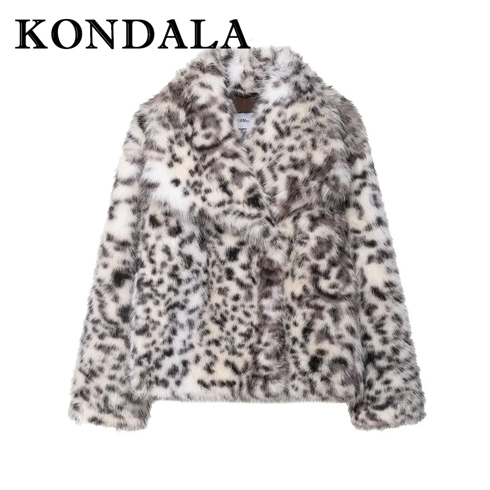 KONDALA Chic Winter Furry Leopard Faux Fur Warm Party Women Jacket Luxurious Fashion 2025 Outwear Night Party Elegant Noble Coat