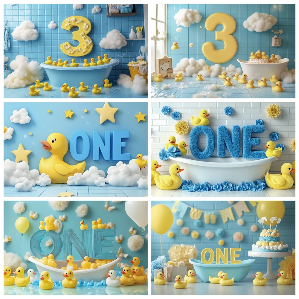 

Newborn Baby 1st Birthday Backdrop Little Yellow Duck Bathroom Bubbles Cloud Baby Shower Kids Portrait Photography Background