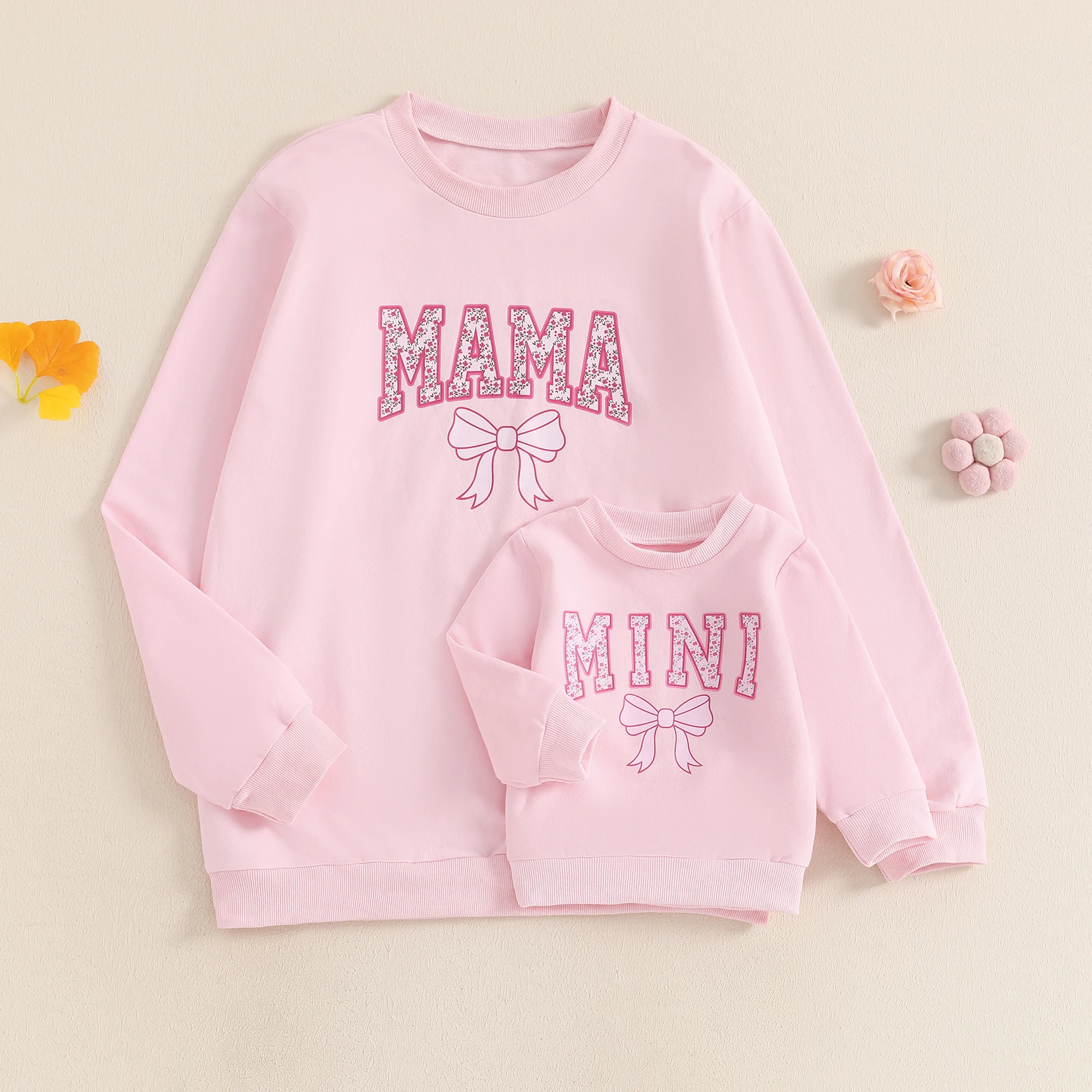 Citgeett Autumn Family Matching Kids Girls Sweatshirt Long Sleeve Letter Bow Print Pullover Mom Pink Fall Clothes