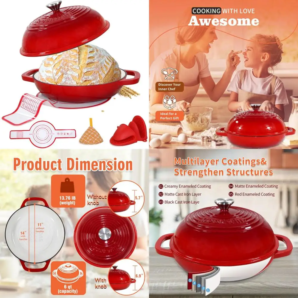 

Эмалированная чугунная голландская печь, 11 для домашнего хлеба, 6 литров, идеально подходит для выпечки на закваске, идеальные формы для хлеба