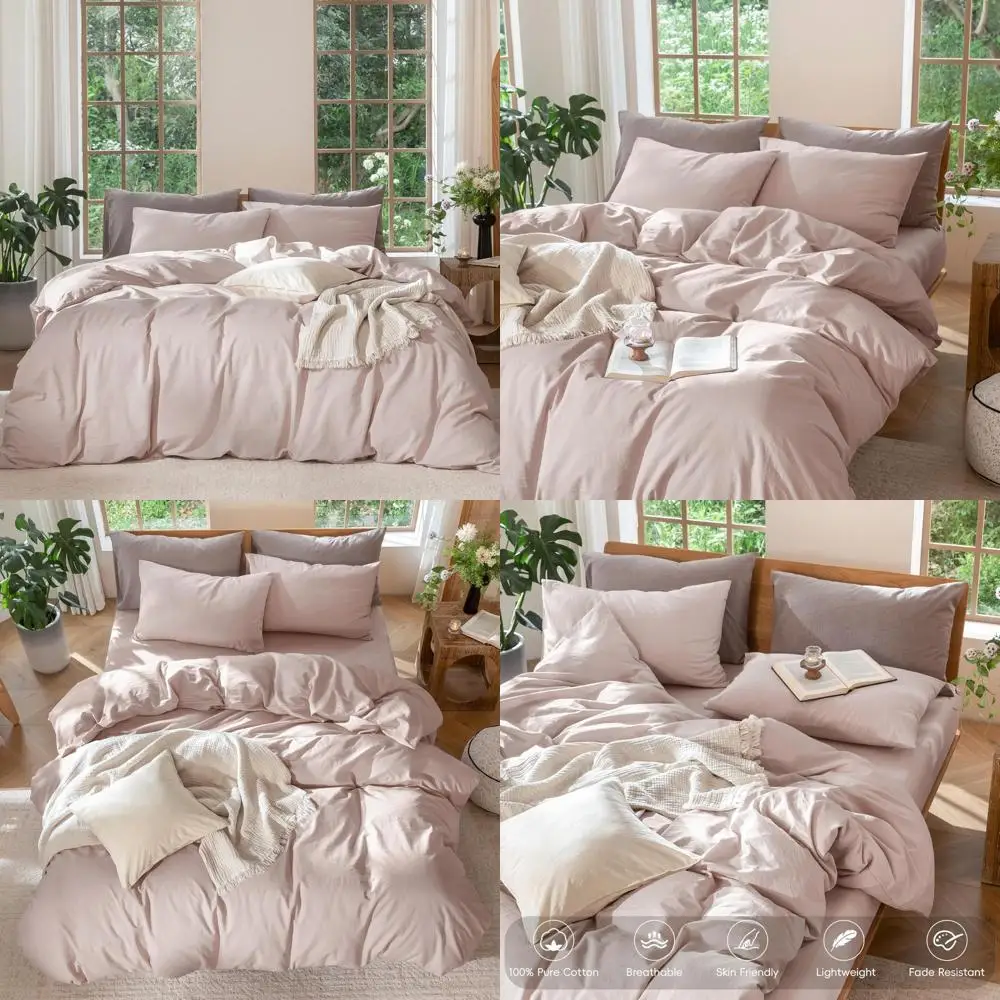 

100% Cotton Washed Linen Texture Duvet Cover Set - Breathable, Durable, Soft Comfort in Heathered Greyish Pink