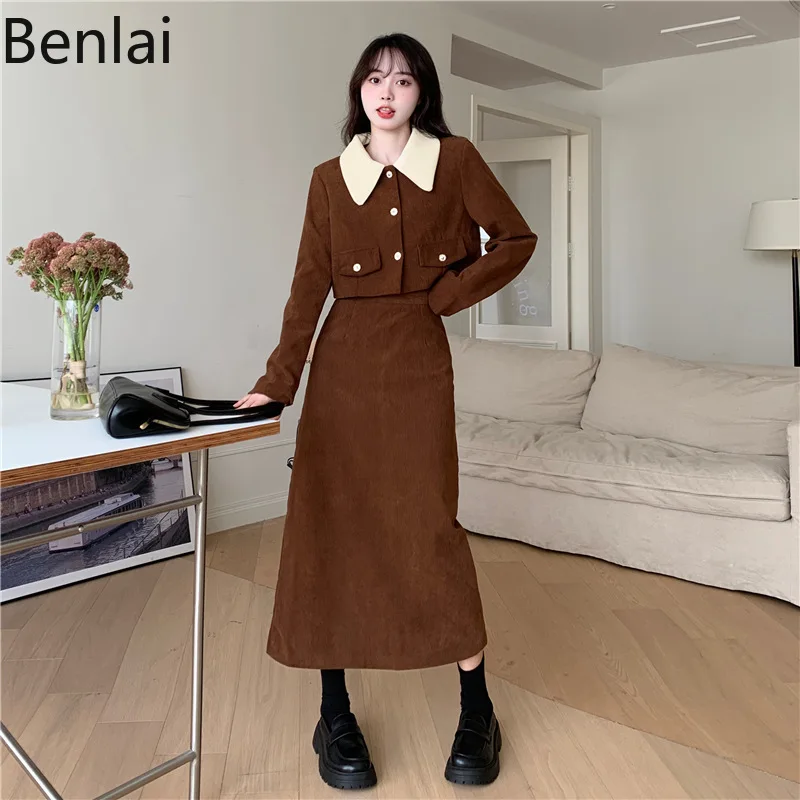 Corduroy Dress Two-piece Set Ins Autumn and Winter New Style Small Fragrance Jacket+half Body Long Skirt Set Black Dress