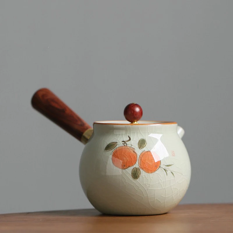

Hand Drawn Persimmon Teapot Side Handle Teapot Kung Fu Teapot Ceramic Ice Cracked Glaze Teapot Chinese Style Single Pot